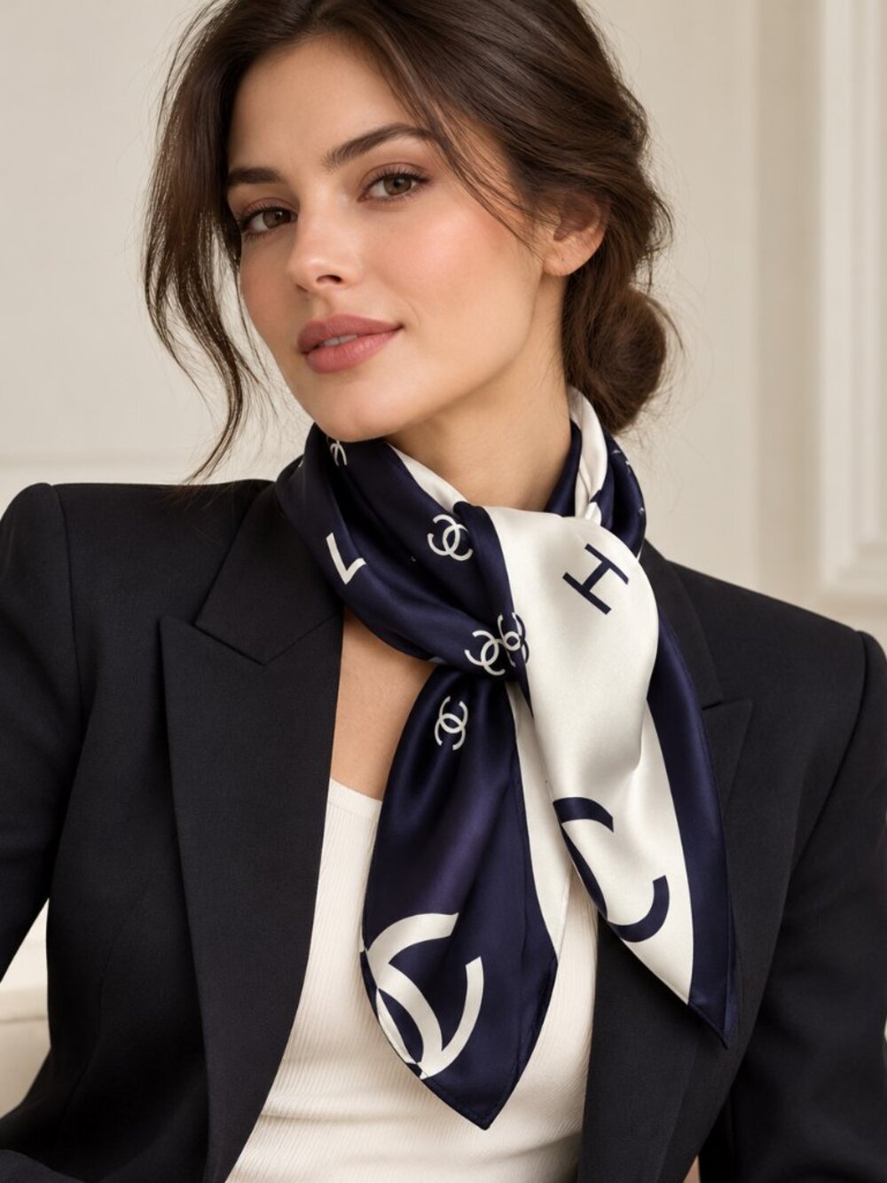 Women's Navy Blue Ivory 100% Silk Square Scarf Letter Print Elegant Neck Shawl